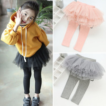 Korean version 2022 Spring and autumn new girl hit bottom pants fluffy yarn fake two-piece baby pure cotton thin skirt pants childrens pants skirt