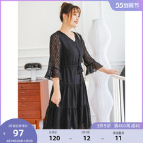 (clear bin RMB120 ) Large code Female dress Spring Fast-style V collar 70% sleeves Jacquard Snowspun Black Dress dress