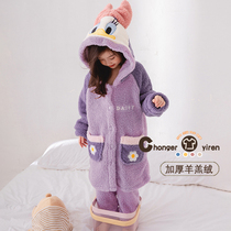 Childrens pajamas autumn winter thick baby coral fleece nightgown girls flannel bathrobe winter home wear set