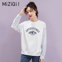 Miko Banner Striped Round Collar Sweatshirt Woman Spring Autumn 2022 New Casual Loose Splicing Without Cap Jacket Tide