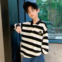 Boys Spring and Autumn Bottoming Shirt Striped Black 2022 New Childrens Autumn Sweater Sweater Lapel Middle Big Kids Korean Version