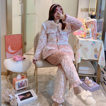 Winter Grand Flap Triple Clip Cotton Thickened Pyjamas Woman South Korea Princess Sweet Gold Drilling Coral Suede Home Suit Suit