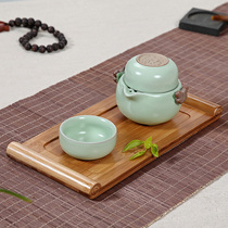 Ru kiln tea set bamboo tea tray fast guest Cup one pot two two cups travel portable ceramic kung fu tea set open piece