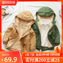 Children plus velvet windbreaker coat cotton winter clothes baby long cotton clothes boys double-layer thick cotton coat