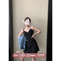 skibyTannin black short pleated dress women 2021 New High waist slim bag hip sling black dress