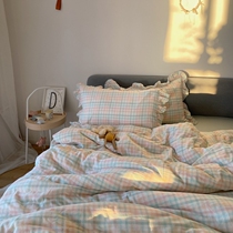 Ice cream system full cotton double layer yarn four pieces of checkered lace pure cotton quilt cover soft and breathable spring summer bed bedding