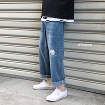 Ripped jeans mens fashion brand loose straight Korean version of the trend wild summer thin nine-point pants men light color