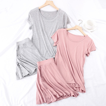 Modal thin pajamas womens short-sleeved trousers skirt round neck set loose size spring and summer home wear thin