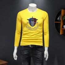 Yellow silk light cotton long sleeve T-shirt for men 2022 spring new round collar with bright sheet embroidered tide card undershirt