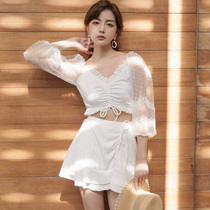 Swimsuit women 2021 New High waist conservative thin pleated fairy fan long sleeve lotus leaf hot spring split swimsuit