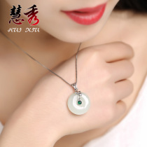 Natural Hetian jade safe buckle Sterling silver pendant White jade necklace Clavicle chain safe to send girlfriend gift jewelry