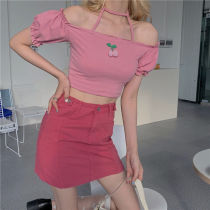 SEOUL Korean style chic retro sweet western age cute little cherry shoulder bubble sleeve short top