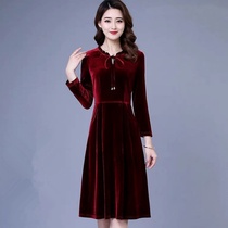 Retro a-word base new autumn gold velvet dress temperament womens long-sleeved thin large size waist cover belly