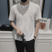 Ice Silk Short Sleeve Mens Summer Press Pleats Design Feel T-shirt Youth Tide Card Breathable Light Extravagant and Compassionate Mens jacket