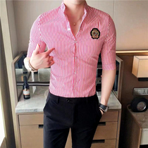 Slim-fit striped stand-up collar shirt Mens fashion British embroidery outer wear shirt micro-elastic stand-up collar boutique t-shirt tide