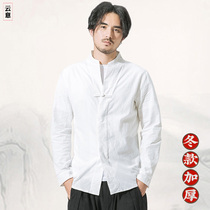 Autumn and winter Chinese style cotton and hemp casual stand-up collar long-sleeved shirt with velvet buckle Tang Retro style loose large size shirt