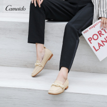 Carmedo Loafo shoes womens leather 2021 Autumn New Pearl Square head soft bottom small fragrant wind flat sole shoes women