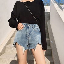 High waist wide leg denim shorts womens 2020 spring and summer new Korean version loose thin wild burr a word hot pants