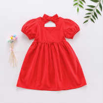 Girls Red Princess Bubble Short Sleeve Summer Skirt 2020 New Childrens Korean Version Leaky Back Bow Dress Lady
