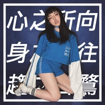 EOH original design-heart toward-Blue Black fake two loose and disasteable sleeves T-shirt hot pants sportswear