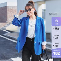 MSShe big code womens dress 2022 new spring dress Fat mm Klein blue striped roll sleeves in long style suit jacket