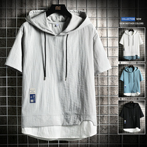 Short-sleeved T-shirt mens summer ice silk linen five-point sleeve summer thin half-sleeve mens fake two-piece hooded sweater T