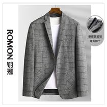 Romon Mens Suit Autumn and Winter New Business Casual Work West Work Slim Handsome Plaid Small Suit Jacket