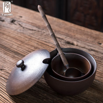 Pottery fan hand-made wood-burning bowl spoon Tea spoon Ebony stitching handle Japanese Tea Ceremony tea maker Kung Fu Set