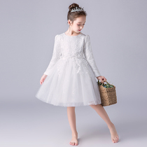 Girl puffy gauze princess dress flower girl white wedding evening dress childrens catwalk high-end performance clothing girl birthday