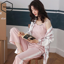 Pajamas female ins Wind spring and summer long girl sweet personality Korean sling home clothing cotton three-piece suit