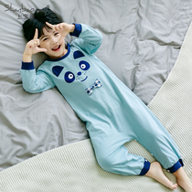 Shangbaomai Autumn new childrens one-piece pajamas long-sleeved cotton thin baby one-piece pajamas home clothes prevent cold