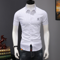  Shirt mens short-sleeved summer slim-fitting handsome business casual embroidered shirt Korean version of the trend mens vertical stripe inch shirt
