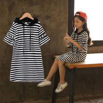 Primary school childrens clothing long T-shirt girl striped dress childrens loose middle sleeve big girl summer top