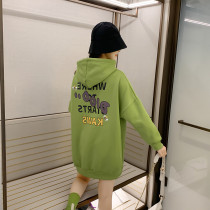Avocado green hooded sweater womens lazy style bf loose plus size mid-length autumn and winter plus velvet thickened printed top