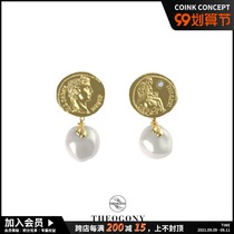THEOGONY Roman Coins Series Baroque Pearl Earrings Retro Coin Earrings