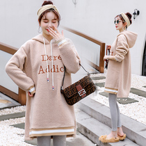 Pregnant womens sweatshirt autumn and winter plus velvet mid-length autumn fashion suit loose thick coat winter coat womens tide