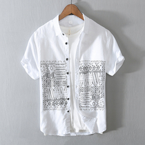 Summer mens linen short sleeve shirt hemp fabric trend casual cotton linen white shirt summer top inch shirt