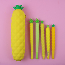 Korean creative fruit and vegetable carrot soft silicone pen bag cute student stationery set Cactus pineapple gel pen