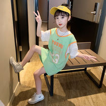 Girls dress 2021 new summer dress foreign air medium long T-shirt dress child little girl Korean version fake two waves