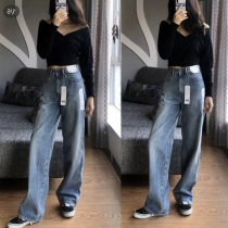 Fat sister 2021 spring new large size womens wide leg jeans suitable for crotch wide leg thick pants female tide