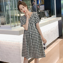 Pregnant Woman Summer Fashion Fashion Small Subskirt 2022 New Summer Short Sleeves Large Code Loose Plaid Cotton Linen Dress
