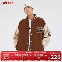 (WUT official store) Winter Series heavy embroidery logo brown stitching oil painting white puleather sleeve baseball suit