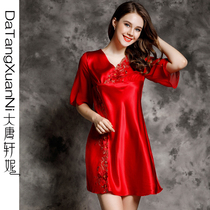 Silk pajamas womens spring and autumn sexy short-sleeved lace home clothes can be worn outside silk summer princess style mulberry silk nightdress