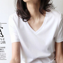 Short-sleeved T-shirt womens 2021 summer new Korean version loose simple basic section wild V-neck solid color mercerized cotton top
