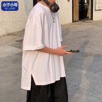 White T-shirt men 2021 new summer cotton wild Half sleeve loose trend irregular split top