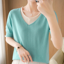 Cotton V - collar knitted short sleeve T - shirt 2022 new holiday two loose coats to bottom half sleeve thin