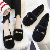Boomer Rabbit Fur Shoes Women Winter Outwear Big Code 2021 New Net Red 100 Hitch Bungling Flat Bottom Legue-bean Shoes Cotton Shoes