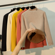 One-piece velvet sweater women embroidery plus velvet thickened winter wooden ear edge inside knitted base shirt ladies warm top