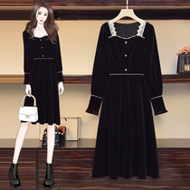 Big code womens dress 2021 Early spring new dress French style retro Hepburn Black long sleeve lace suede dress woman