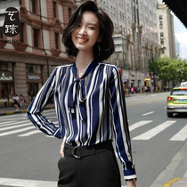 Vertical stripe chiffon shirt womens long-sleeved professional 2020 autumn new bow blue shirt female temperament loose